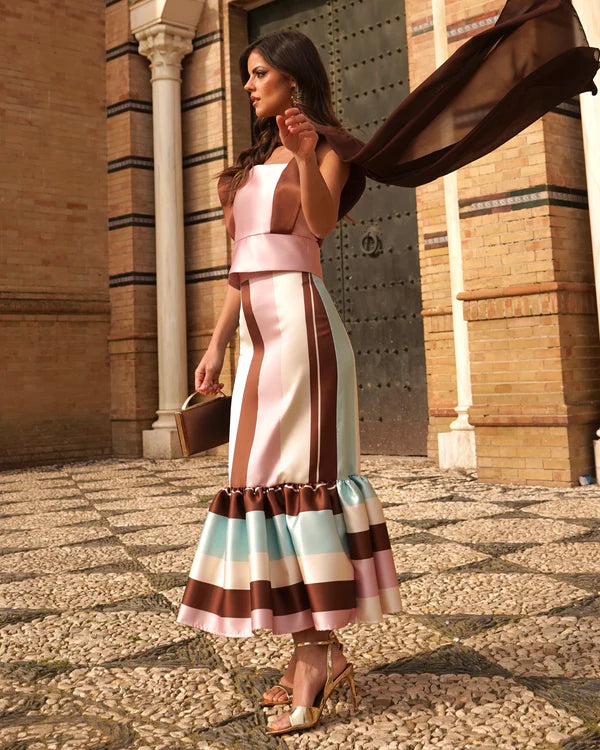 Striped Satin Evening Gown