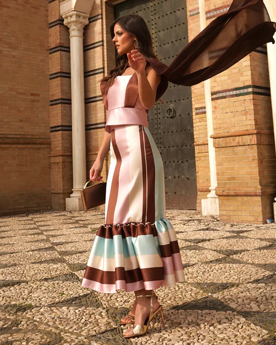 Striped Satin Evening Gown