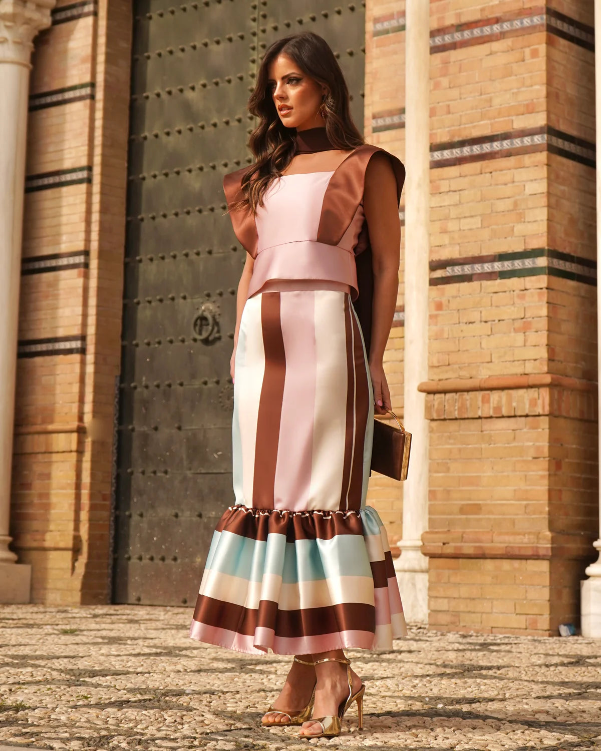 Striped Satin Evening Gown