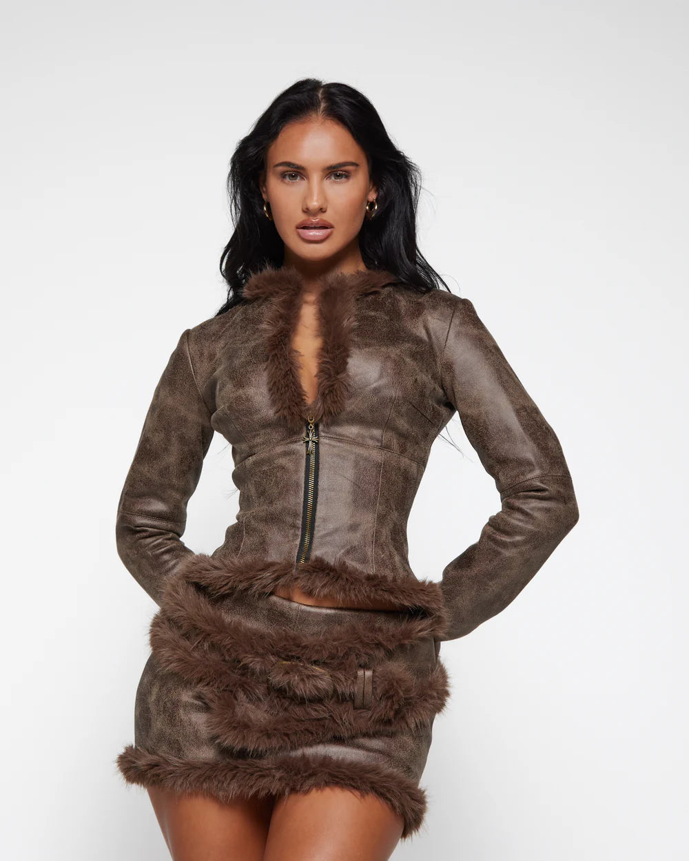 Luxe Fur-Trimmed Leather Dress