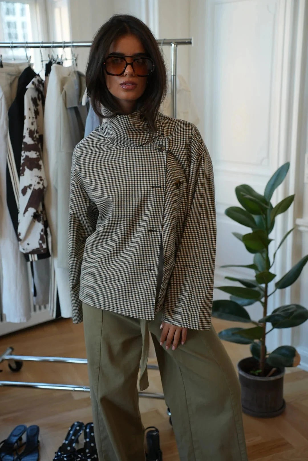 Houndstooth Belted Jacket - Leeylaa