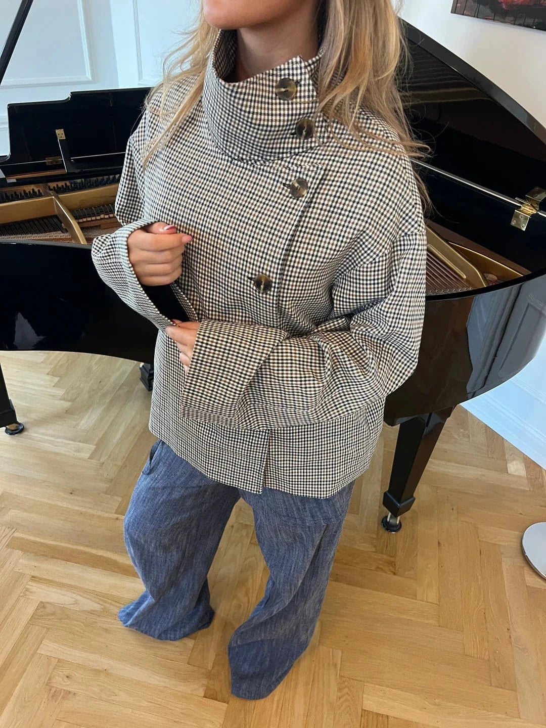 Houndstooth Belted Jacket - Leeylaa